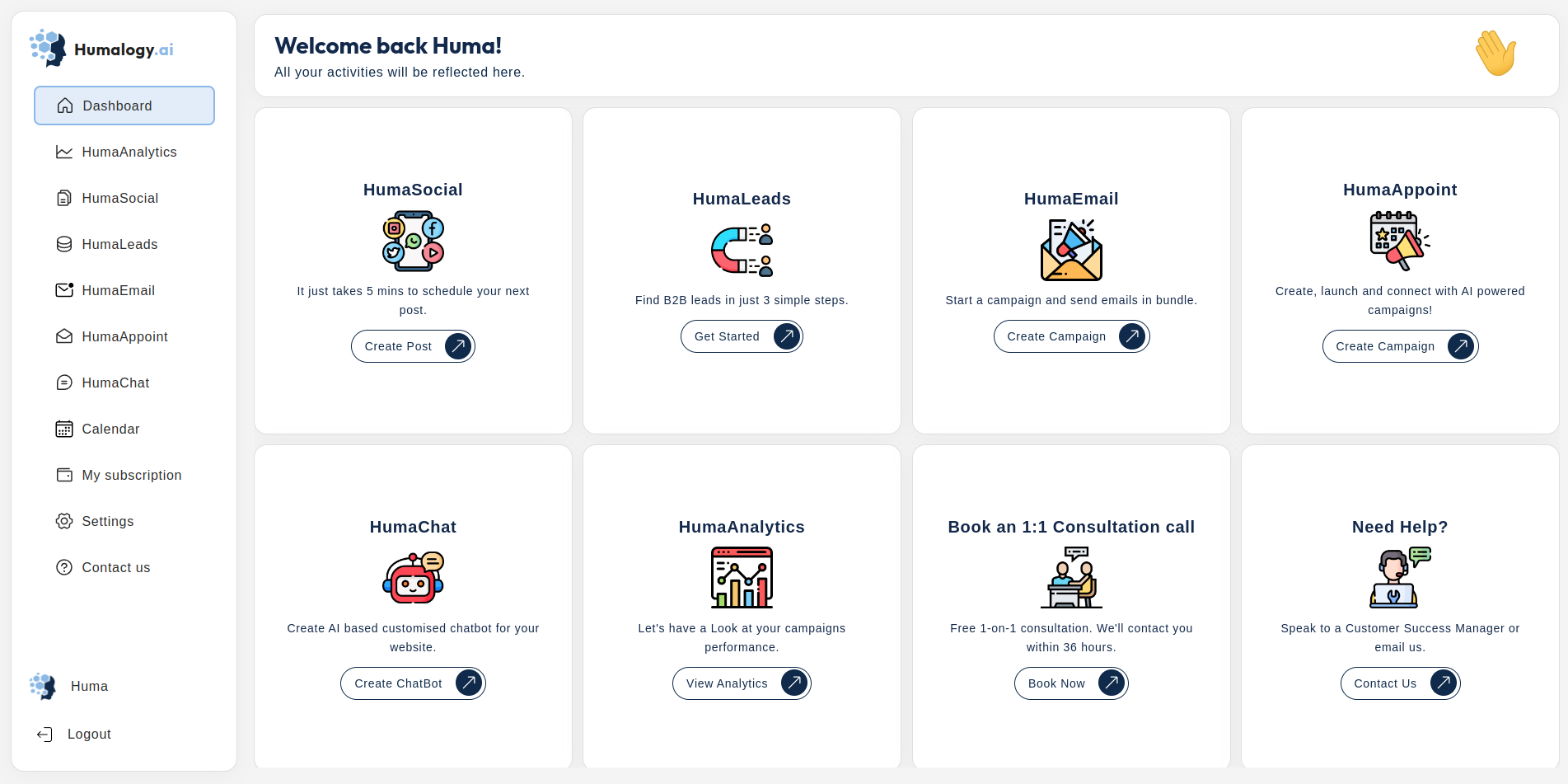 Humalogy AI Dashboard, HumaSocial, HumaLeads, HumaEmail, HumaAppoint, HumaChat, Contact Us, Need Help, Dashboard UI Cards, Analytics, HumaAnalytics, Humalogy AI, Humalogy, Huma Modules