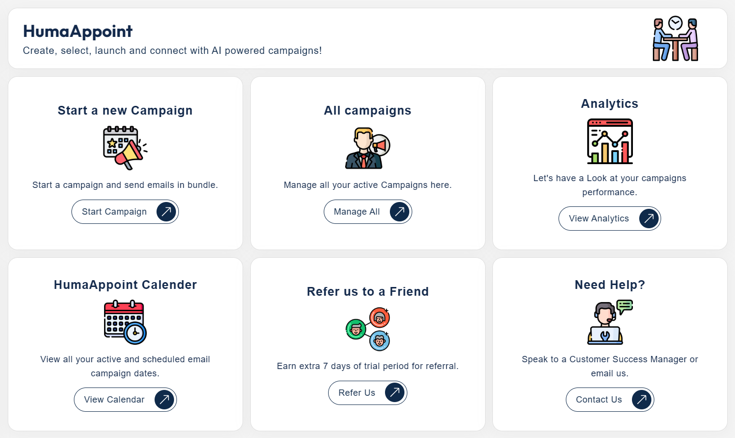 Huma Appoint Dashbooard - Create, select, launch and connect with AI powered campaigns