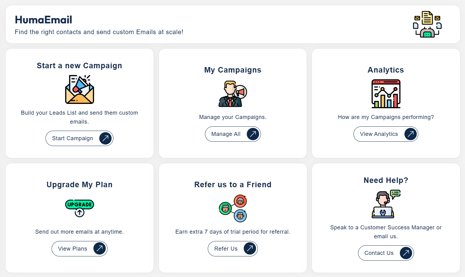 Huma Email, Create campaigns, check all campaigns, send AI generated email with complete automation